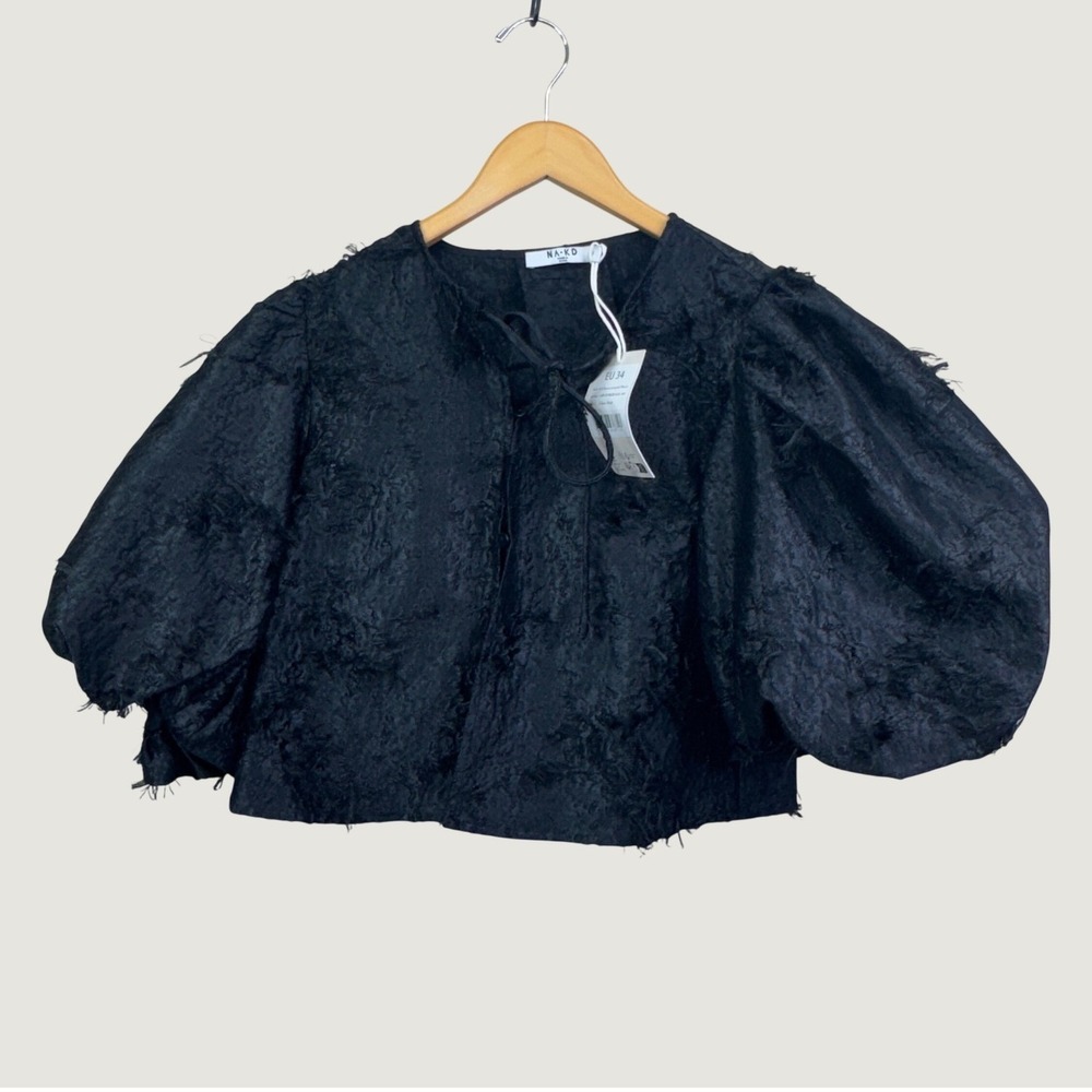 NA-KD Womens Puff Sleeve Jacquard Blouse Tie Front Cropped Black EU 34